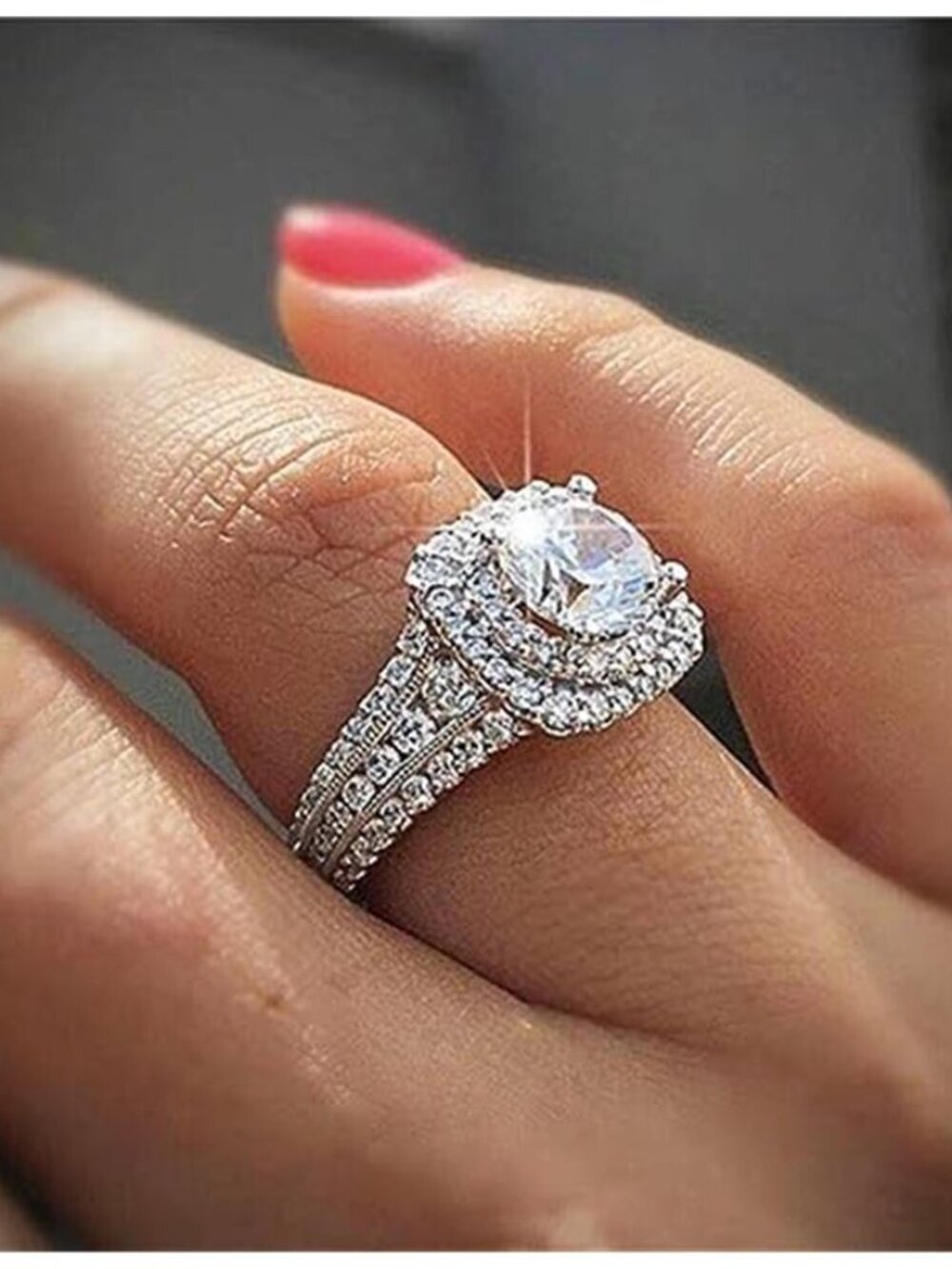 Silver Plated Shiny Ring Round-Cut White Cubic Zirconia Stones Fashion Ring 9